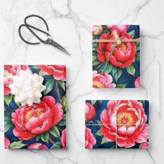 Red Pink Peonies & Green Leaves Blue Pattern Wrapping Paper Sheet
