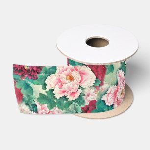 Red Pink Peonies & Green Leaves Pattern Satin Ribbon