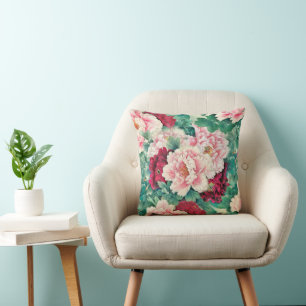 Red Pink Peonies & Green Leaves Pattern Throw Pillow
