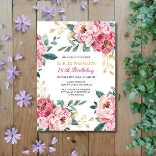 Red Pink Peony Floral Gold Leaf Greenery Birthday Invitation