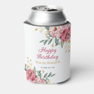 Red Pink Peony Gold Leaf Greenery Birthday Can Cooler