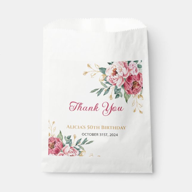 Red Pink Peony Gold Leaf Greenery Birthday Favour Bag (Front)