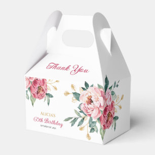 Red Pink Peony Gold Leaf Rustic Floral Birthday Favor Box