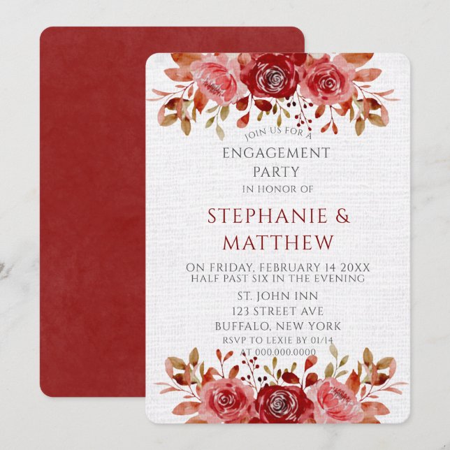 Red Pink Peony White Linen Engagement Party Invitation (Front/Back)
