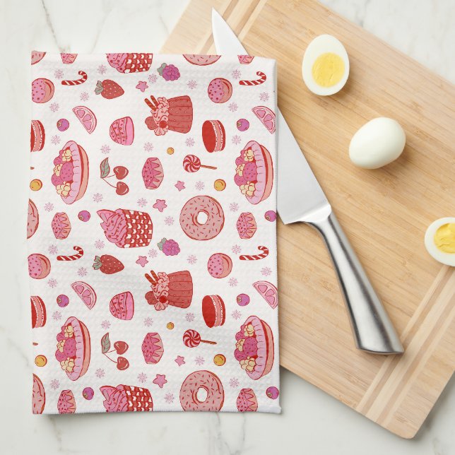 Red pink pies & sweets kitchen towel (Quarter Fold)