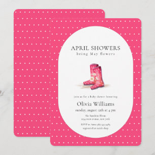 Red Pink Polkadot Flower Rain Boots Baby Shower Invitation