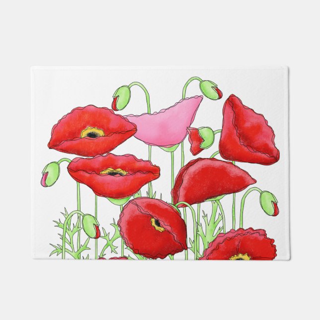 Red Pink Poppies Art Custom Decorative White Doormat (Front)