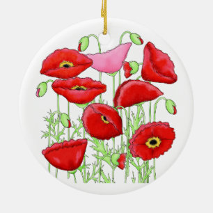 Red Pink Poppies Art Custom Gardener Floral Ceramic Ornament