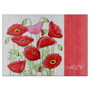 Red Pink Poppies Art Custom Monogram Personalized Cutting Board