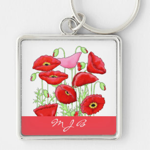 Red Pink Poppies Art Custom Monogram Personalized Keychain