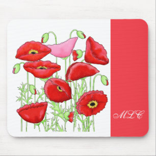 Red Pink Poppies Art Custom Monogram Personalized Mouse Pad