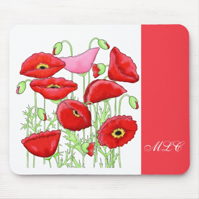 Red Pink Poppies Art Custom Monogram Personalized Mouse Pad (Front)