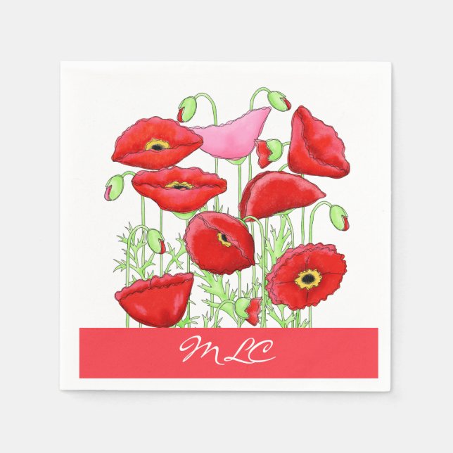 Red Pink Poppies Art Custom Monogram Personalized Napkin (Front)