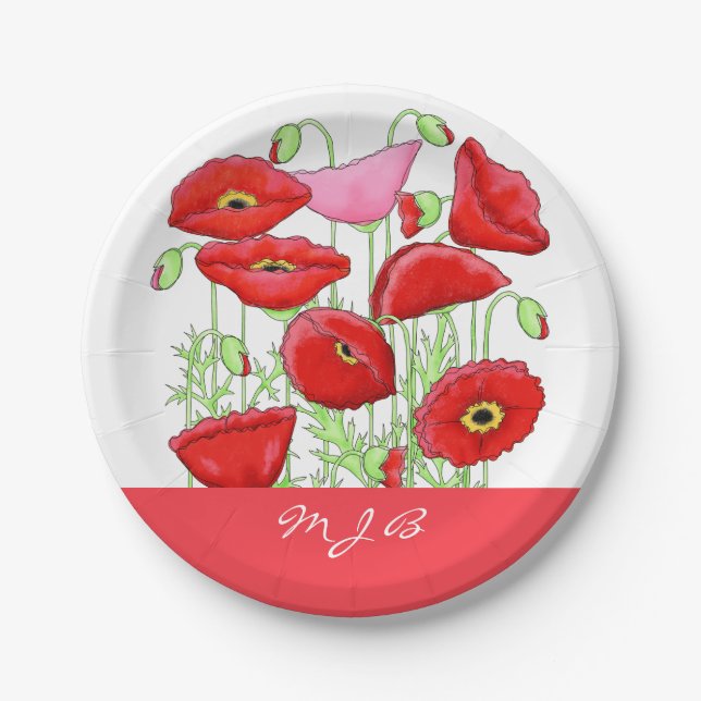 Red Pink Poppies Art Custom Monogram Personalized Paper Plate (Front)