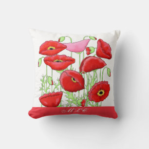 Red Pink Poppies Art Custom Monogram Personalized Throw Pillow