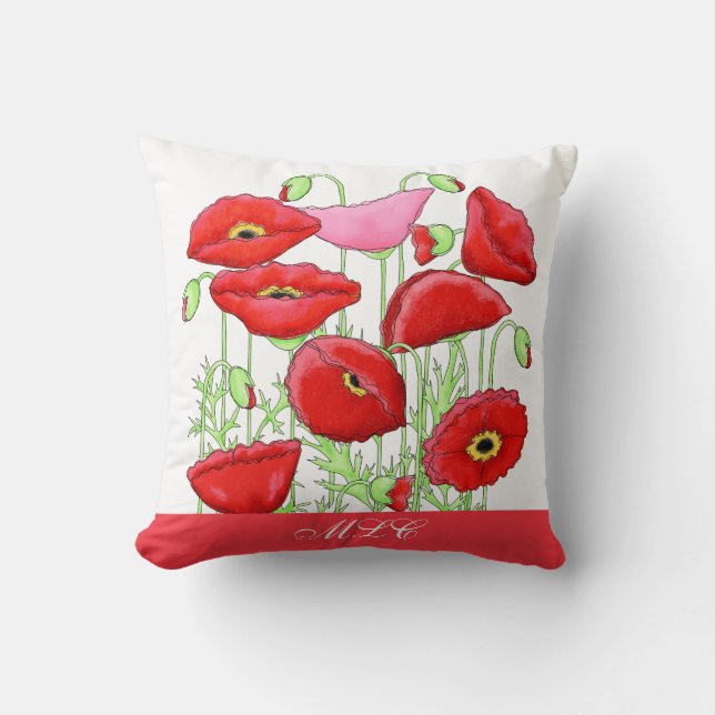 Red Pink Poppies Art Custom Monogram Personalized Throw Pillow (Front)