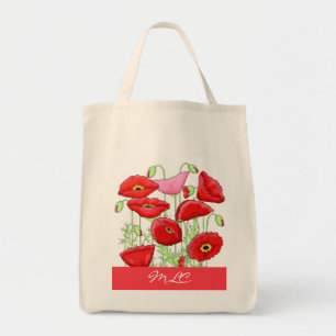 Red Pink Poppies Art Custom Monogram Personalized Tote Bag