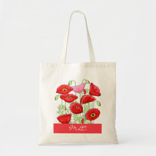 Red Pink Poppies Art Custom Monogram Personalized Tote Bag