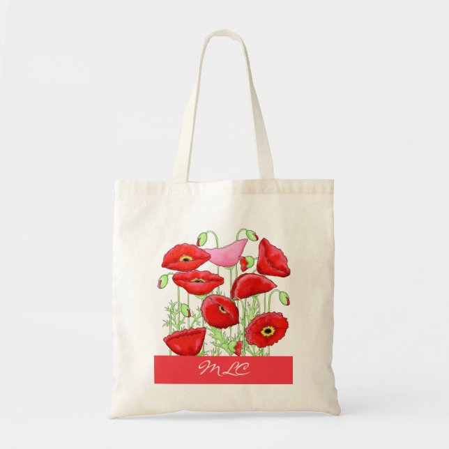 Red Pink Poppies Art Custom Monogram Personalized Tote Bag (Front)