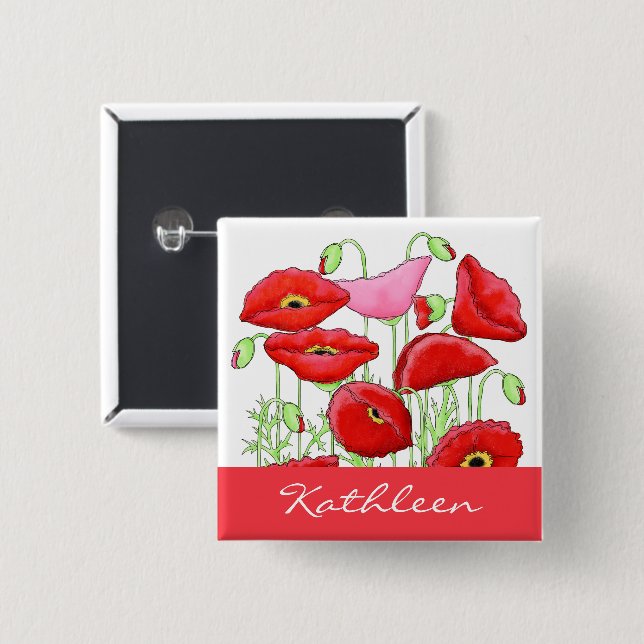 Red Pink Poppies Art Custom Name Badge 2 Inch Square Button (Front & Back)