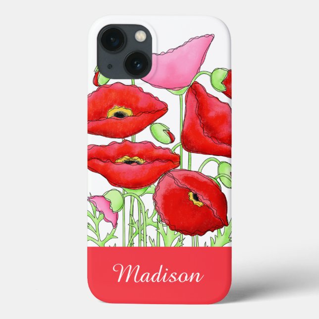 Red Pink Poppies Art Custom Name Personalized Case-Mate iPhone Case (Back)