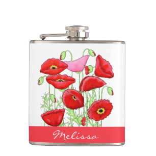 Red Pink Poppies Art Custom Name Personalized Hip Flask