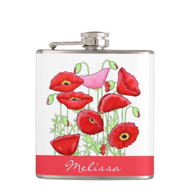 Red Pink Poppies Art Custom Name Personalized Hip Flask (Front)