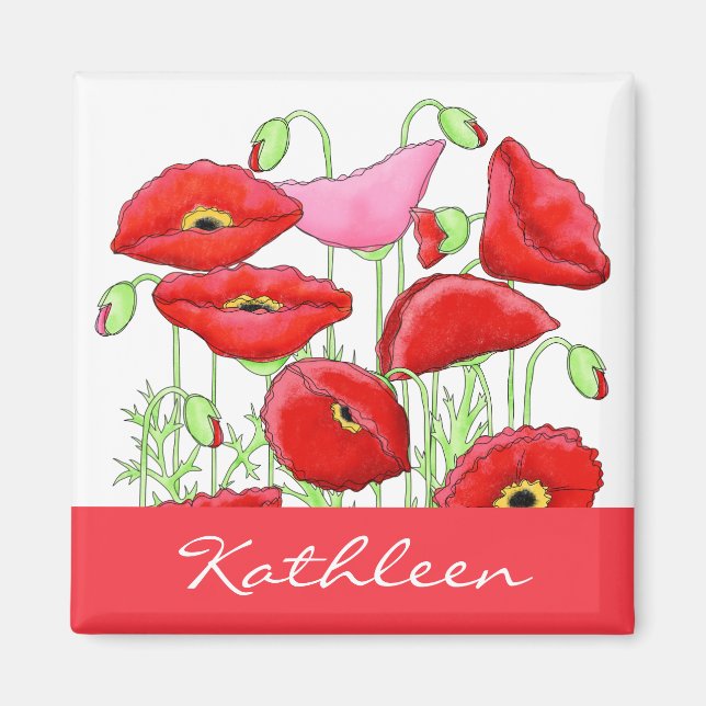 Red Pink Poppies Art Custom Name Personalized Magnet (Front)