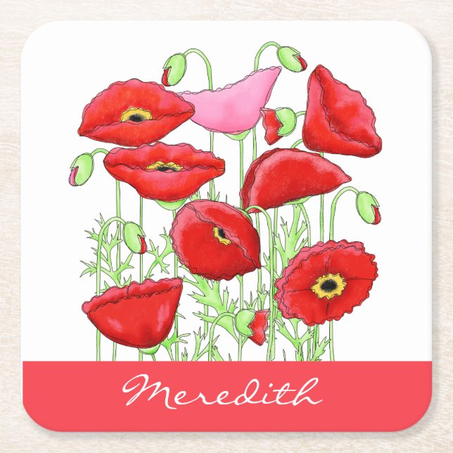 Red Pink Poppies Art Custom Name Personalized Square Paper Coaster (Front)
