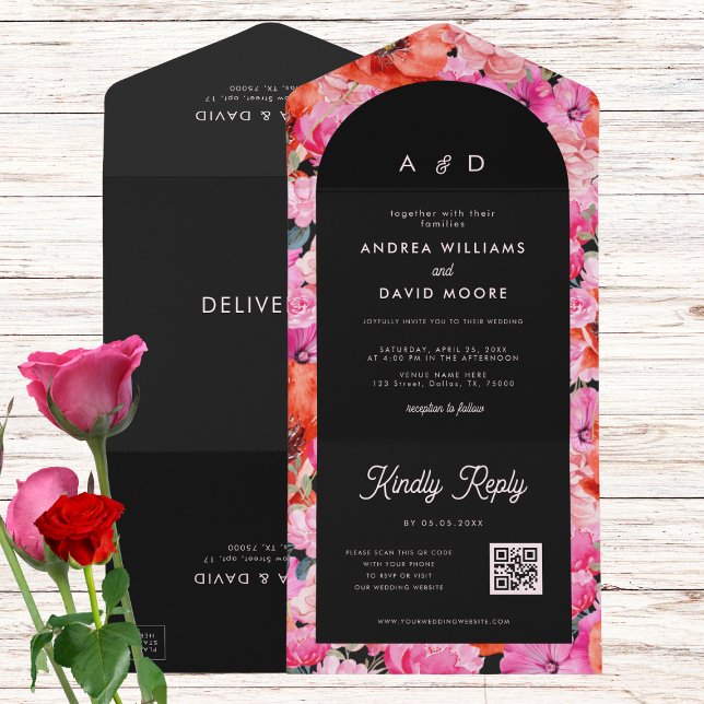 Red & Pink Poppy Floral Dark QR Code Fall Wedding All In One Invitation (Creator Uploaded)