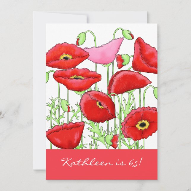 Red Pink Poppy Flowers 65th Birthday Party Invite (Front)