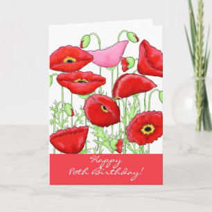Red Pink Poppy Flowers 80th Happy Birthday Card