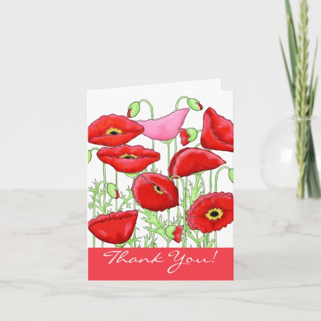 Red Pink Poppy Flowers Merci Notes (Devant)