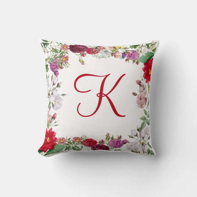 Red Pink Purple Green Flowers Floral Monogrammed Throw Pillow (Front)
