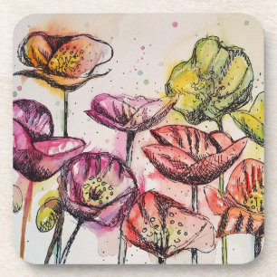 Red Pink Purple Poppy Flowers Poppies Floral Coaster