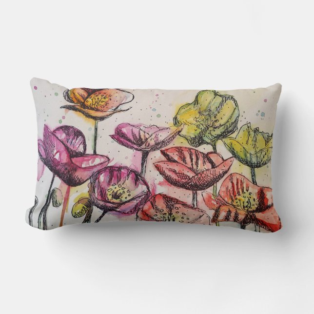 Red Pink Purple Poppy Flowers Poppies Floral Cushi Lumbar Pillow (Front)