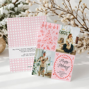 Red Pink Retro Hand Drawn Happy Holidays 2 Photo Holiday Card