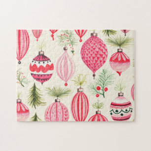 Red Pink Retro Ornaments Christmas Jigsaw Puzzle