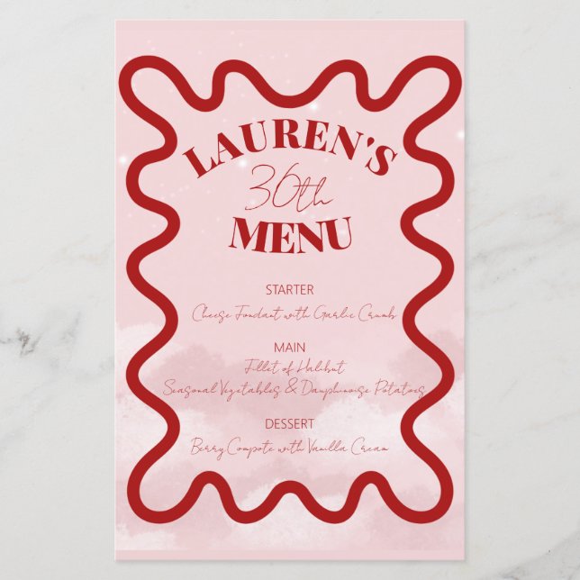 Red Pink Retro Wavy Budget Dinner Party Menu (Front)