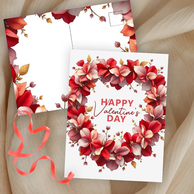 Red Pink Romantic Floral Heart Wreath Valentine's Postcard (Creator Uploaded)