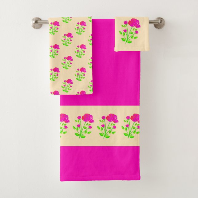 Red pink rose floral bath towel set (Insitu)