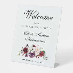 Red Pink Rose Floral Celebration of Life Pedestal Sign