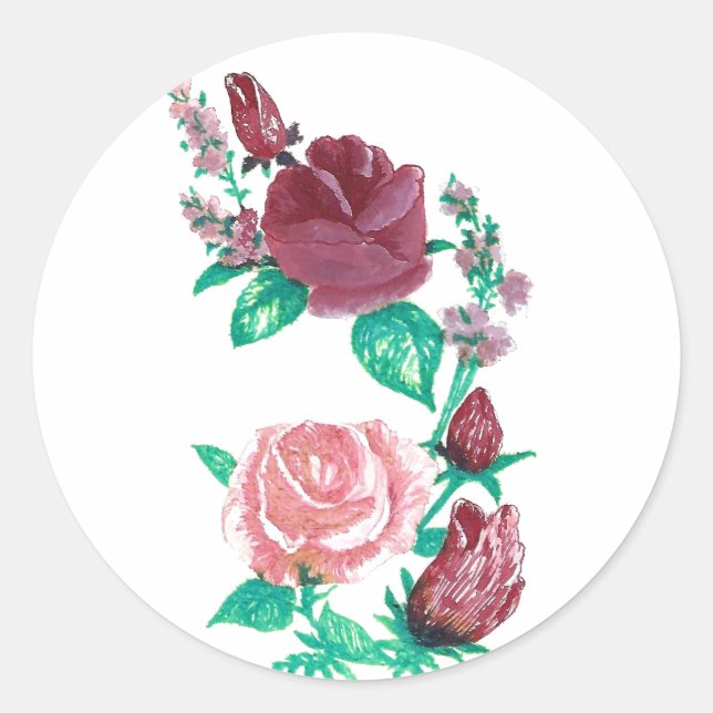 Red & Pink Rose Floral Designed Round Classic Round Sticker (Front)