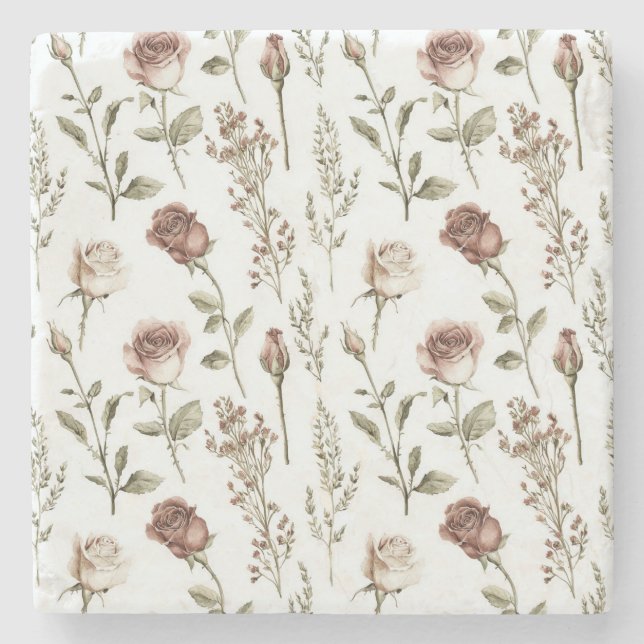 Red Pink Rose Floral   Stone Coaster (Front)