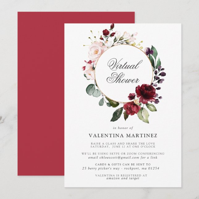 Red Pink Rose Floral Virtual Bridal Baby Shower Invitation (Front/Back)