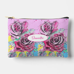 Red Pink Rose Flower Pattern Watercolor Girls Accessory Pouch
