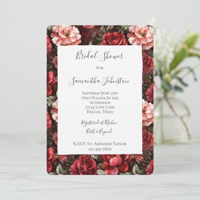 Red Pink Rose Flowers Bridal Shower Invitation (Standing Front)