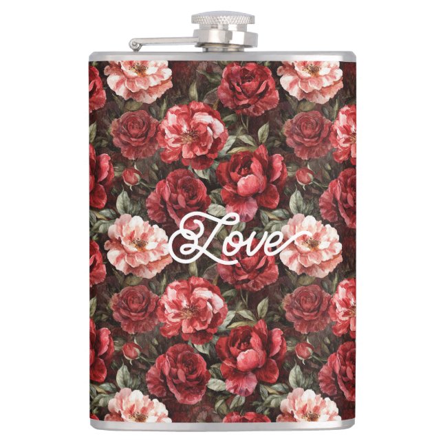 Red Pink Rose Flowers Hip Flask (Front)