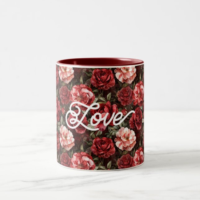 Red Pink Rose Flowers Two-Tone Coffee Mug (Center)