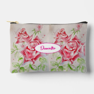 Red Pink Rose Roses Watercolor Flower Floral Girls Accessory Pouch
